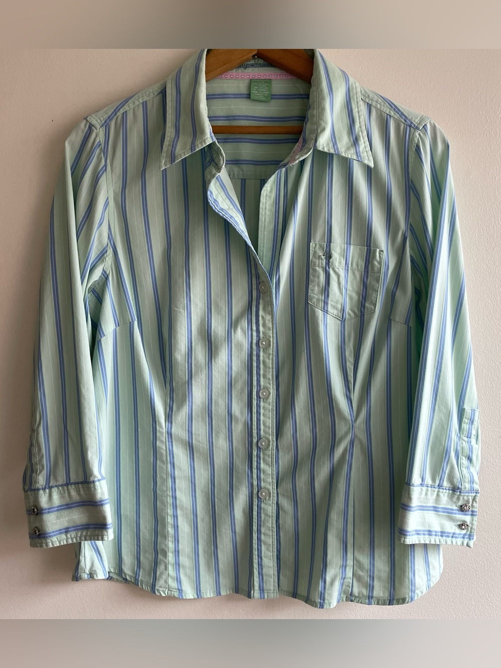 Lady Hathaway Mint Blue Striped Button Front Shirt L Cotton Blend 3/4 Sleeve